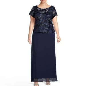 Alex Evenings Woman’s Embroidered Bodice Illusion A-Line Navy Dress Size 16W.